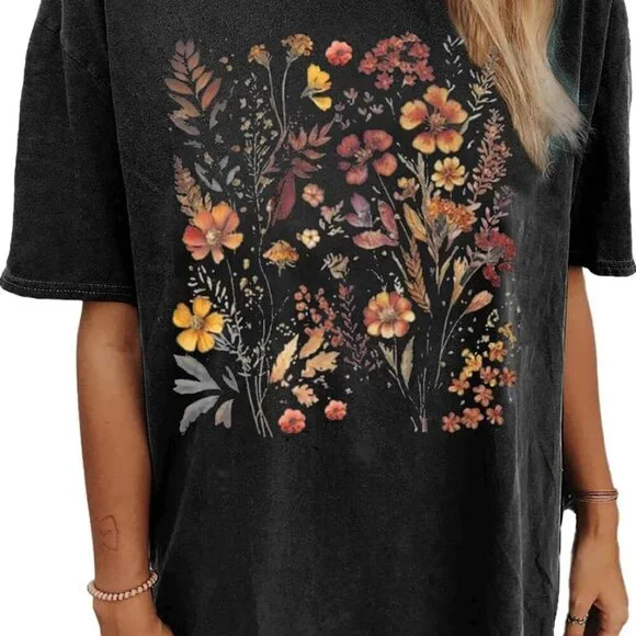 Oversized Graphic Tee Boho Floral Vintage Loose Fit Summer Casual T-Shirt - Picture 1 of 2
